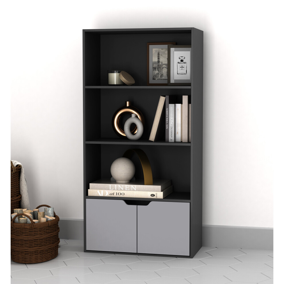 Urbn Living (Black, Grey) 4 Tier Wooden Bookcase With Doors Shelving Cabinet Black,Grey