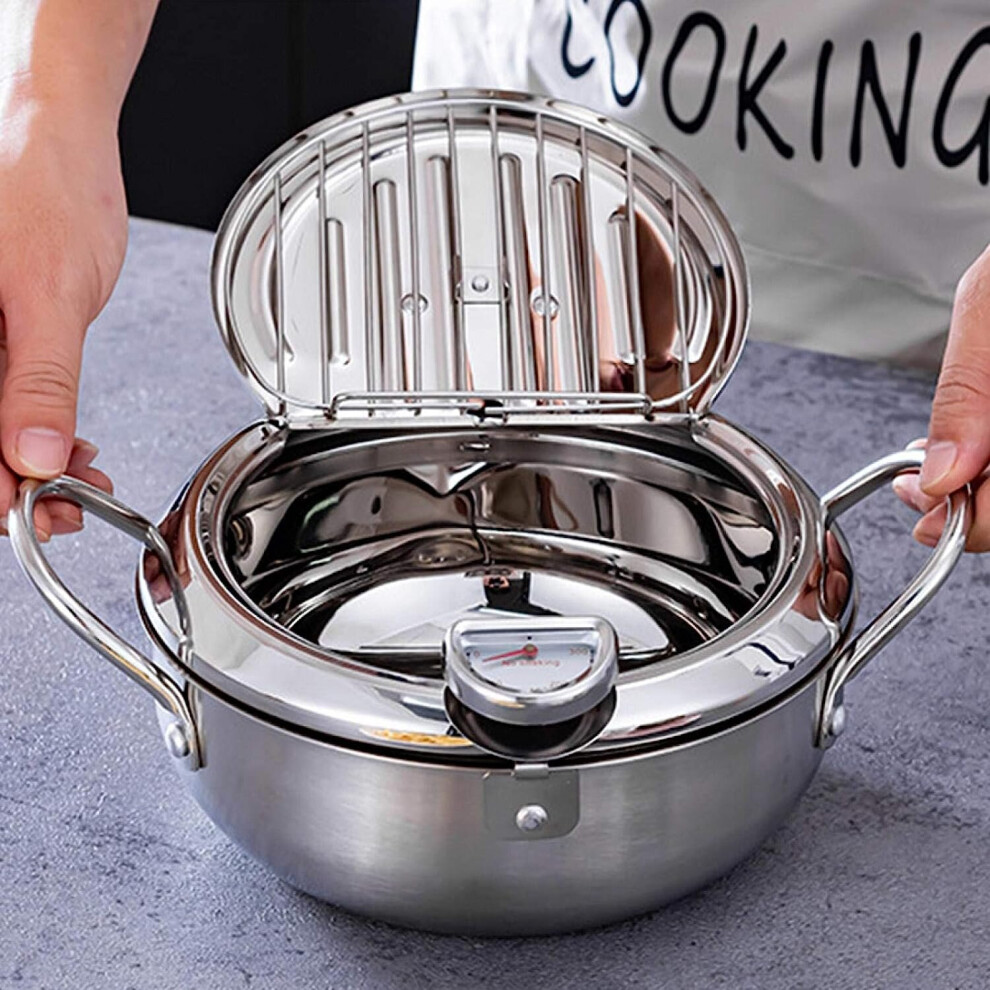 Deep Fry Pan, Japanese Tempura Frying Pan with Thermometer and Oil Drip Lid for Chicken Oil Fries Fish and Shrimp Frying Pan