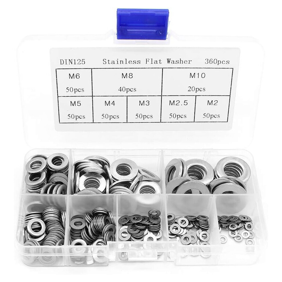 360PCS Stainless Steel Flat Washers Assortment Kit M2 M2.5 M3 M4 M5 M6 M8 M10