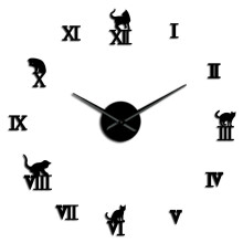 (Black) 47 Inch 3D Large Wall Clock DIY Large Modern Frameless Home Decor Cat Big Clock Mirror For Bedroom Living Room Kittens Kitty Wall