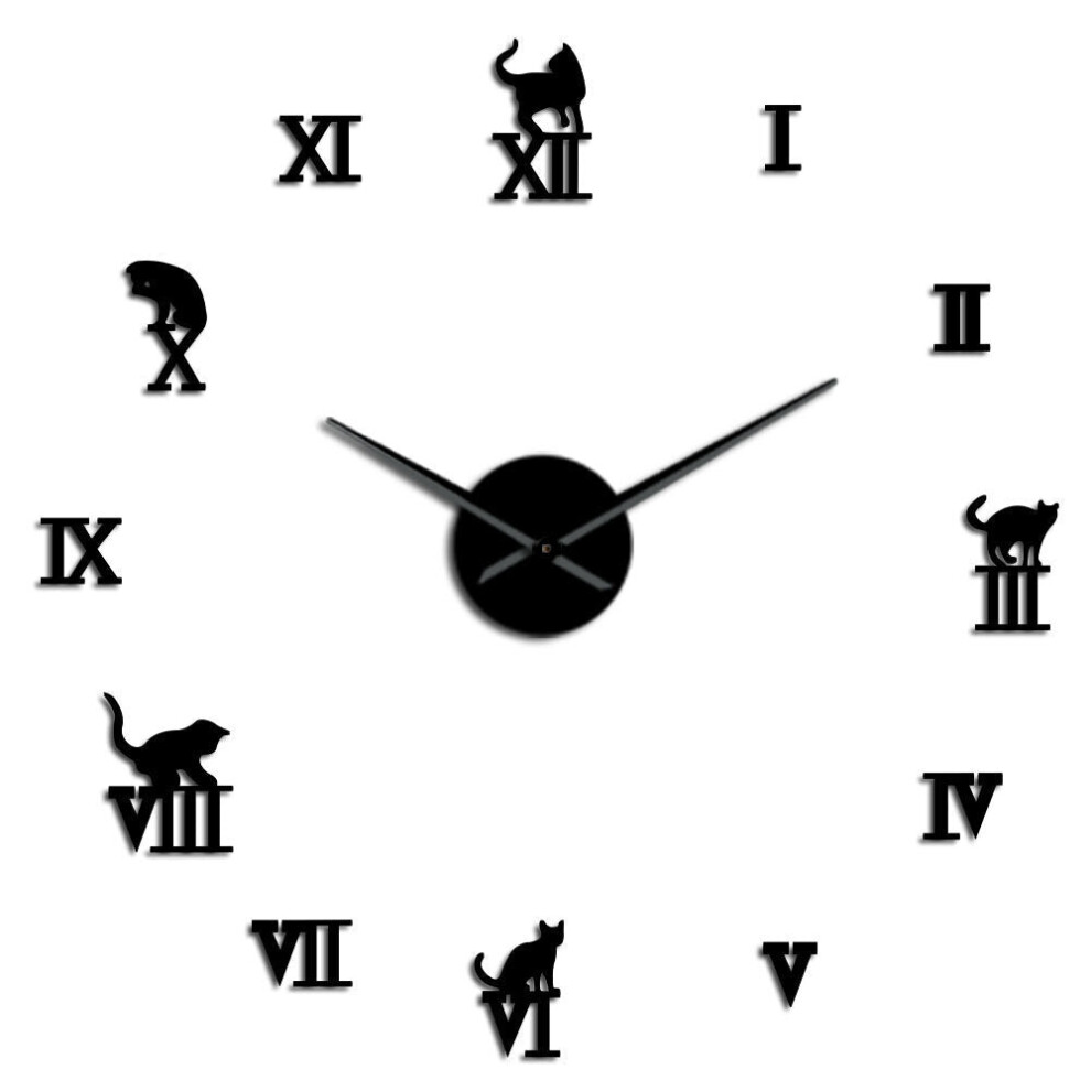 (Black) 47 Inch 3D Large Wall Clock DIY Large Modern Frameless Home Decor Cat Big Clock Mirror For Bedroom Living Room Kittens Kitty Wall