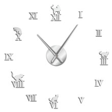 (Silver) 47 Inch 3D Large Wall Clock DIY Large Modern Frameless Home Decor Cat Big Clock Mirror For Bedroom Living Room Kittens Kitty Wall