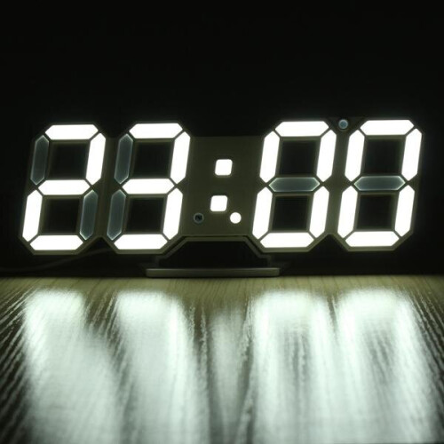 (White) 3D LED Digital Wall Clock Alarm Clock USB Stereo Clock Built-In Automatic Light Sensor