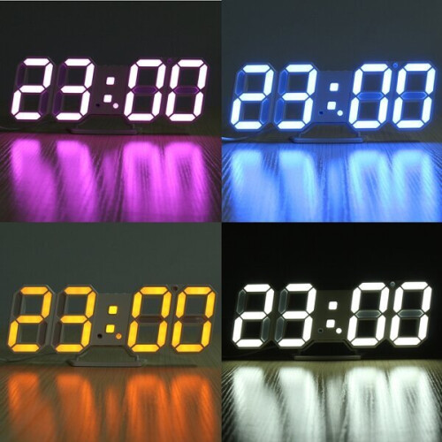 (White) 3D LED Digital Wall Clock Alarm Clock USB Stereo Clock Built-In Automatic Light Sensor 2