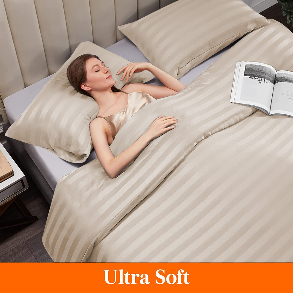 Oxford Homeware (Beige, King) Luxury Duvet Set Stripe Duvet Quilt Cover Bedding Set With Pillowcases Cream