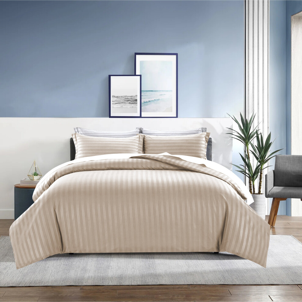 Oxford Homeware (Beige, Super King) Luxury Duvet Set Stripe Duvet Quilt Cover Bedding Set With Pillowcases Cream