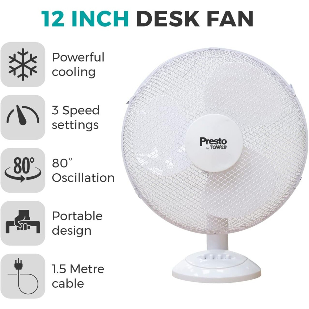 Presto by Tower PT600002 Desk Fan with 3 Speed Settings, 80° Oscillation, 12ins, 35W, White
