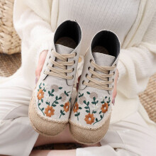 (Beige-9) Daisy Embroidered Women Linen Cotton High Top Lace Up Espadrilles Sneakers Ladies Comfortable Casual Flat Booties Shoes