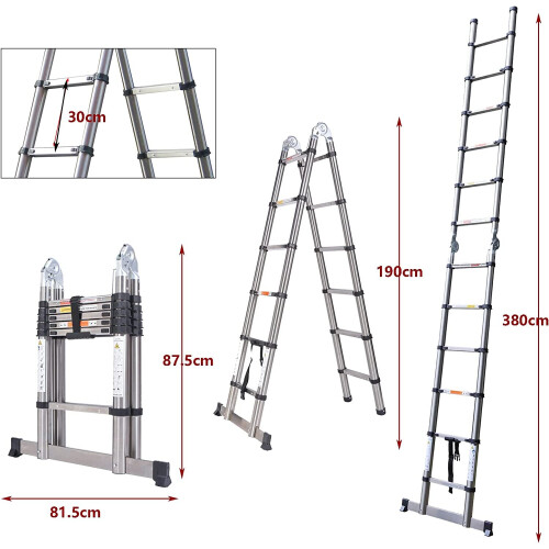 Telescoping Ladder 12FT, Extension Ladder 2in1, AFrame Stainless