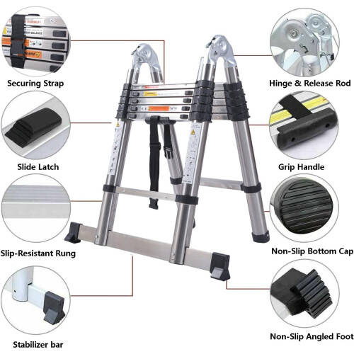 Telescoping Ladder 12FT, Extension Ladder 2in1, AFrame Stainless Steel Collapsible Ladders