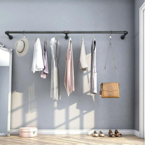 (Black) 180cm Wall Mounted Pipe Clothes Rail Garment Rack 2