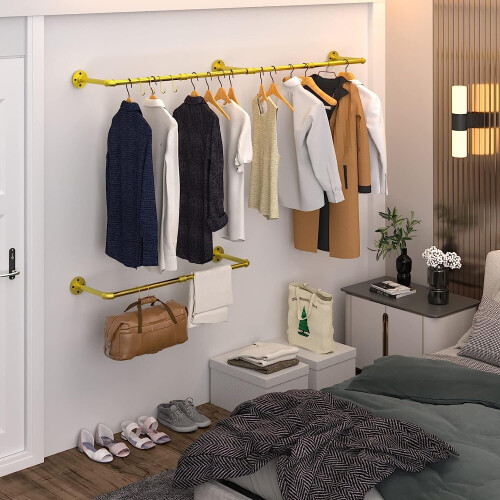 (Golden) 180cm Wall Mounted Pipe Clothes Rail Garment Rack 1