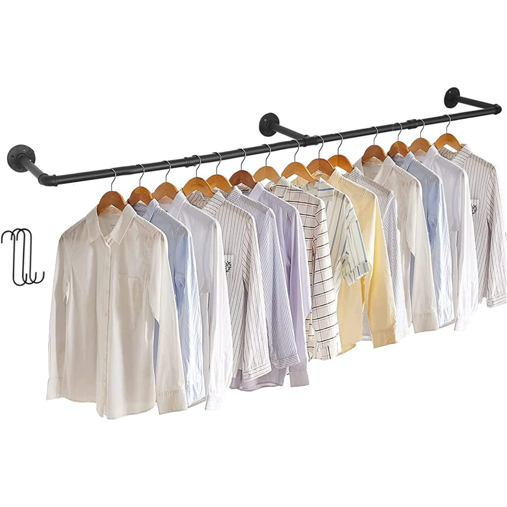 (Black) 180cm Wall Mounted Pipe Clothes Rail Garment Rack