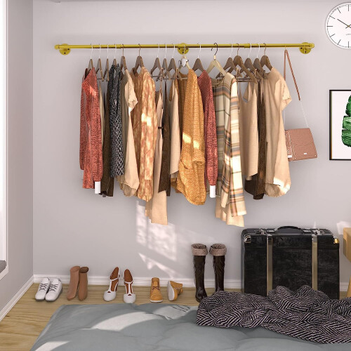 (Golden) 180cm Wall Mounted Pipe Clothes Rail Garment Rack 2