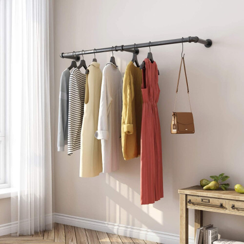 (Black) 180cm Wall Mounted Pipe Clothes Rail Garment Rack 1