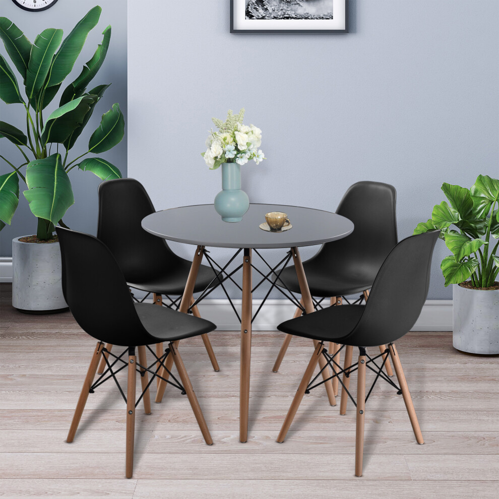 (Grey Table + 4 Black Chairs) 80cm Round Side Coffee Table & 4 Chairs Beech Legs