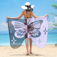 (Black+Purple, M) Women Butterfly Cover Dress Swimsuit Beachwear Bikini Bath Sarong Wrap Dress