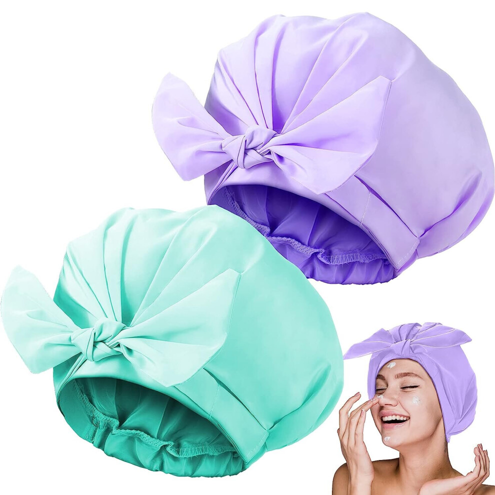 Gopatriot Memory 2 Pack Shower Caps Adjustable Bow Shower Caps Reusable (Teal, Purple)
