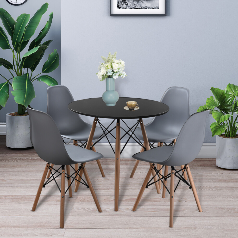 (Black Table + 4 Grey Chairs) 80cm Round Side Coffee Table & 4 Chairs Beech Legs