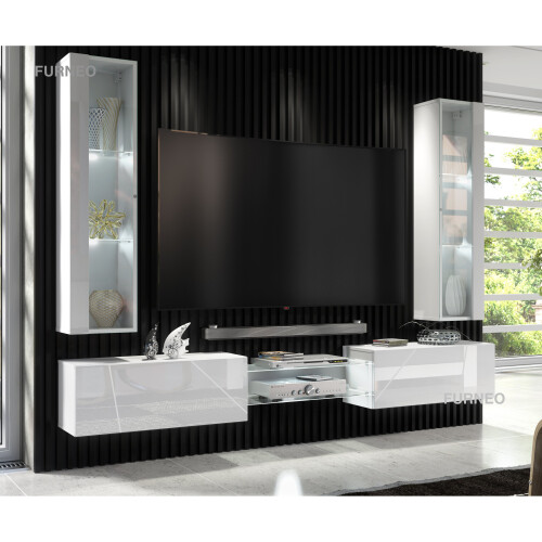 White high gloss floating deals tv unit with led lights