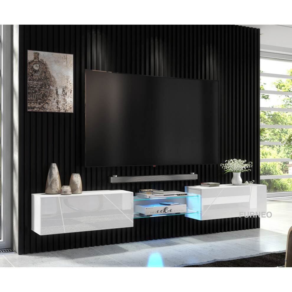 (RGB (multicoloured) LED Lights ) Furneo White Floating TV Cabinet 230cm Wall Unit Modern High Gloss &Matt Art02 LED lights