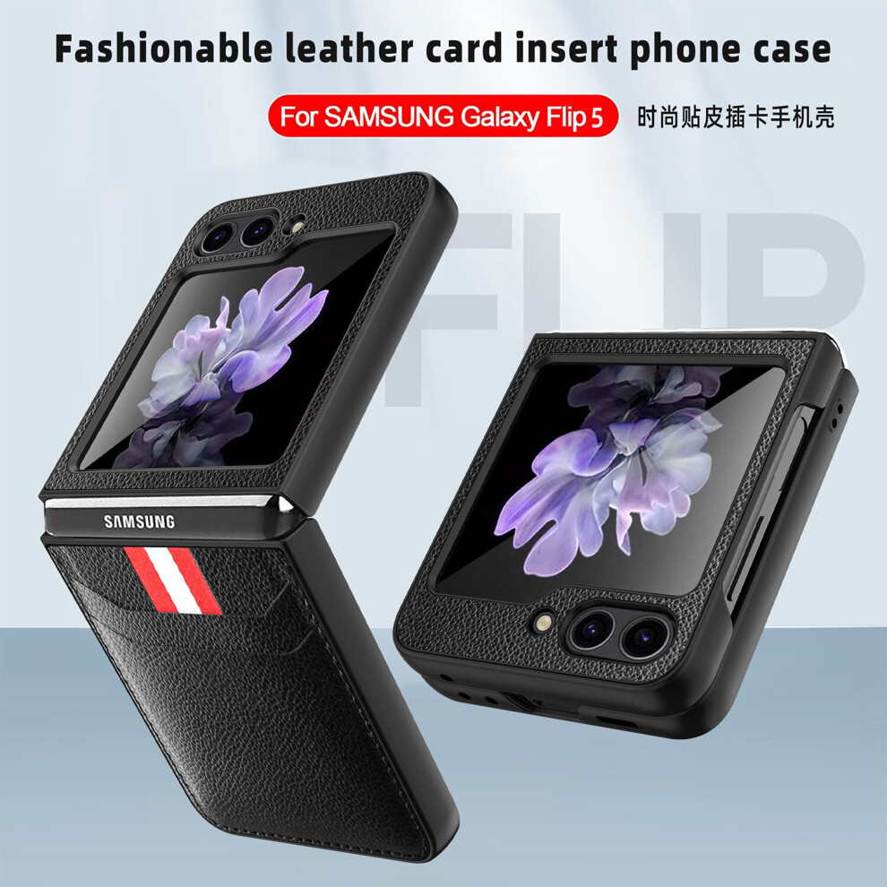 Wtowin (Black) Lychee Pattern Leather Shockproof Case For Samsung Galaxy Z Flip 5 With Card Slots Black