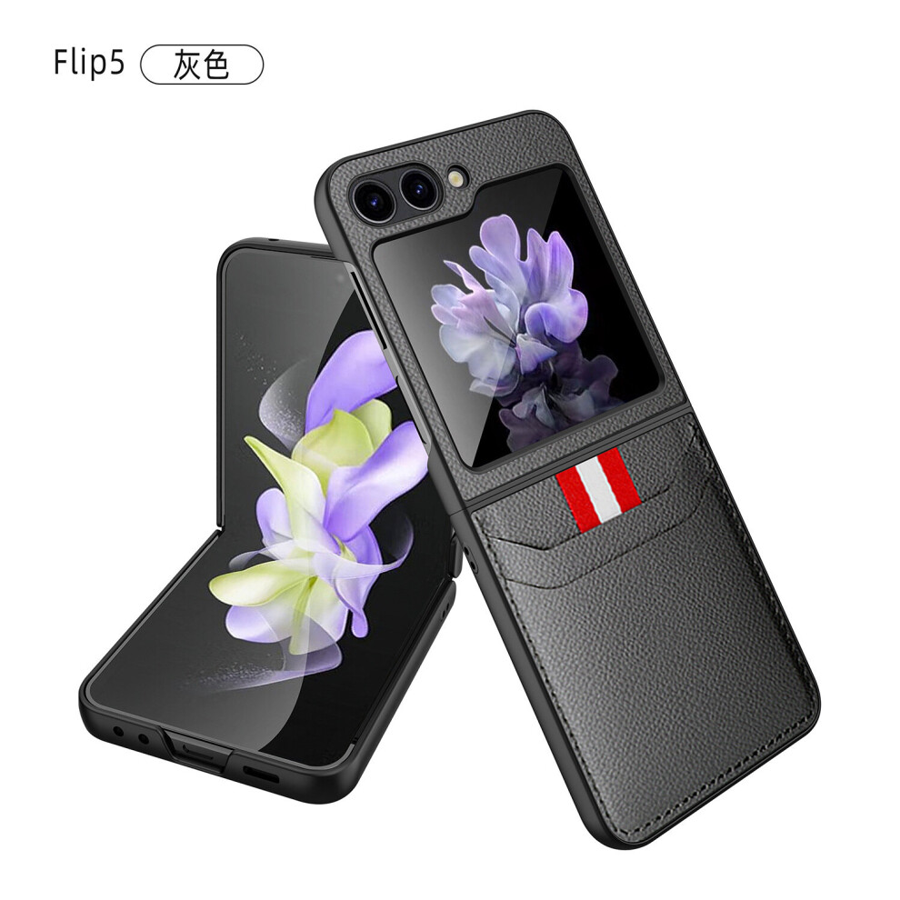 Wtowin (Grey) Lychee Pattern Leather Shockproof Case For Samsung Galaxy Z Flip 5 With Card Slots Grey