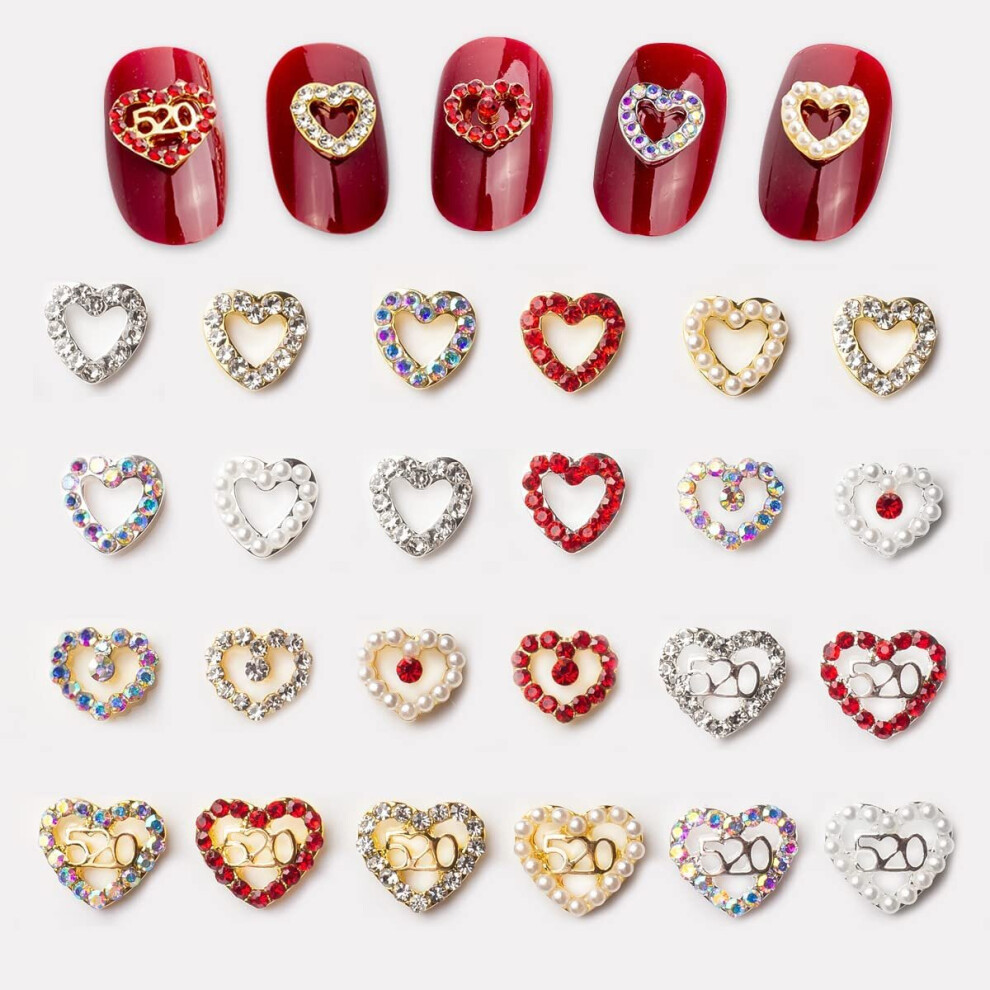 24 Pieces 3D Heart Nail Charms Crystal Diamonds Rhinestones, Red Gold Silver Alloy Heart Love Nail Gems Design for Women