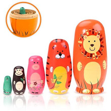 Russian Nesting Doll Animal 5 Piece Set, Cute Wooden Stacking Toys, Hand Painted Patterns, Perfect Decorations, Great Gift for Children and Friends