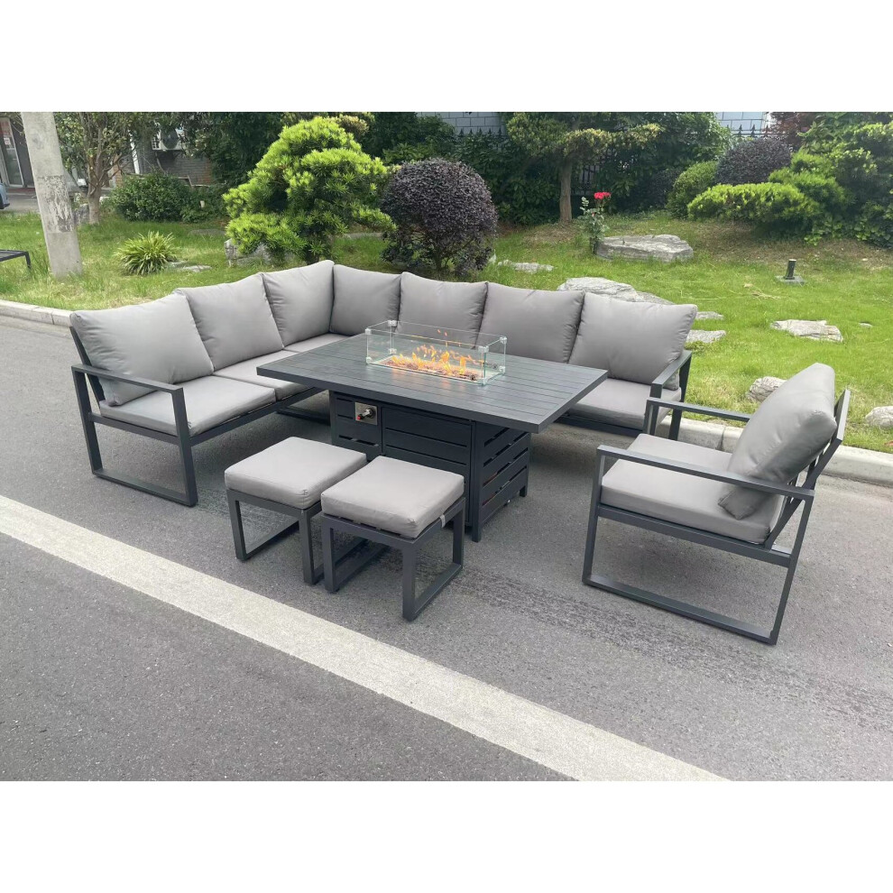 Aluminium Patio Outdoor Garden Furniture Corner Sofa Set Gas Fire Pit Dining Table with Chair Small Footstools Dark Grey