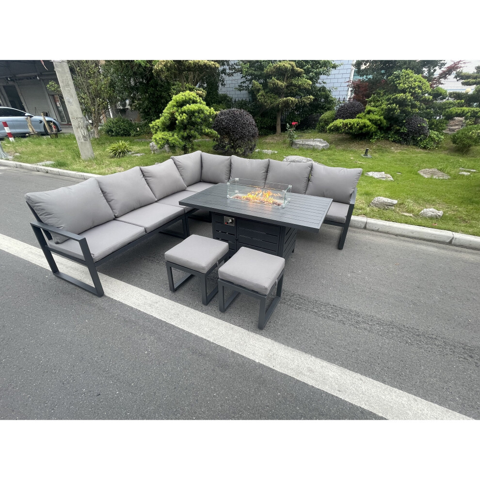 Fimous Aluminum Outdoor Garden Furniture Corner Sofa Gas Fire Pit Dining Table Sets 2 PC Stools 9 Seater