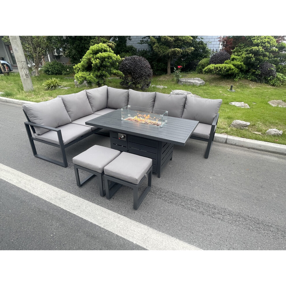 Fimous Aluminum Outdoor Garden Furniture Corner Sofa Gas Fire Pit Table Sets 2 Stools 8 Seater