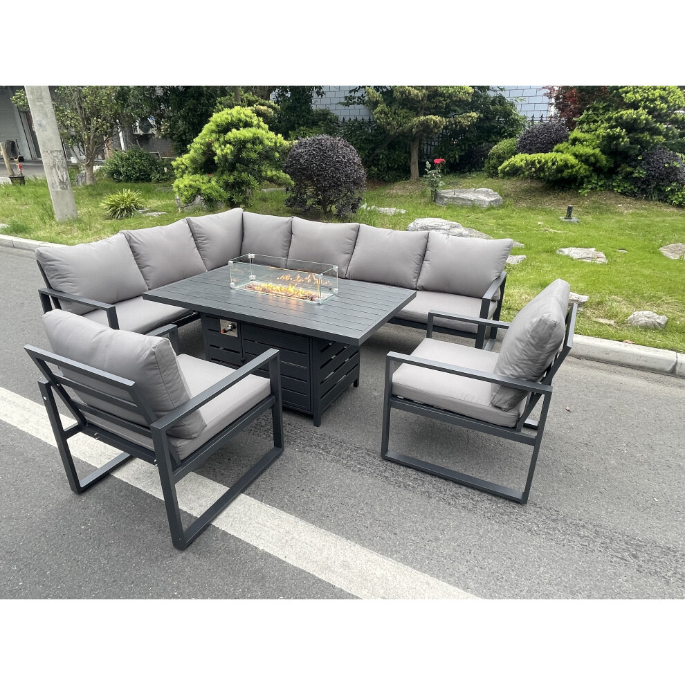 Fimous Aluminum Outdoor Garden Furniture Set Corner Sofa 2 PC Chairs Gas Fire Pit Dining Table Set 8 Seater
