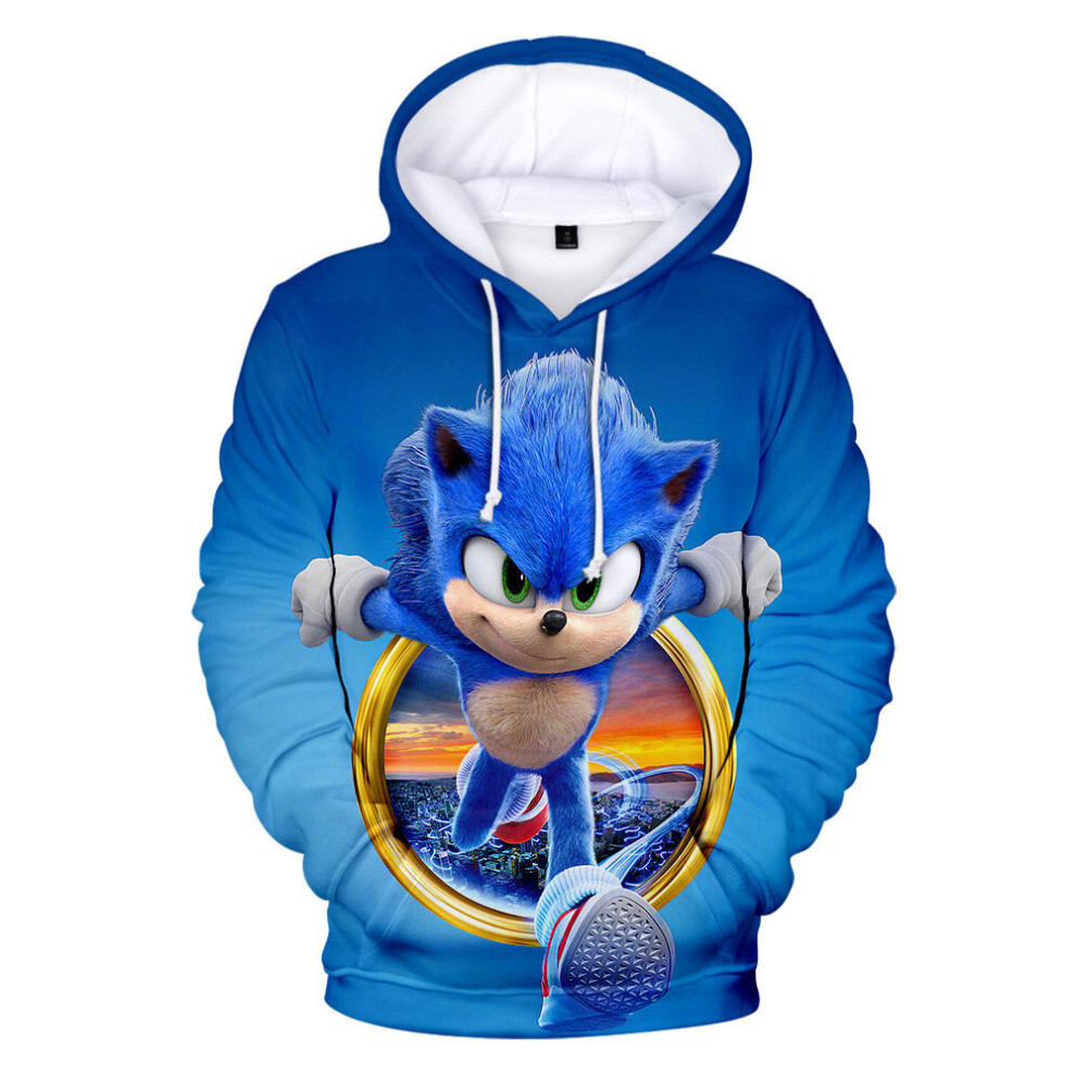 (9-10 Years, C) Sonic The Hedgehog Print Child Kids Hoodies Sweatshirts Pocket Casual Jumper Hooded Pullover Tops