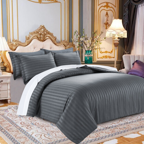(Single) Satin Stripe Duvet Cover Charcoal Grey Bedding Set 1