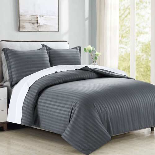 (Double) Satin Stripe Duvet Cover Charcoal Grey Bedding Set 1