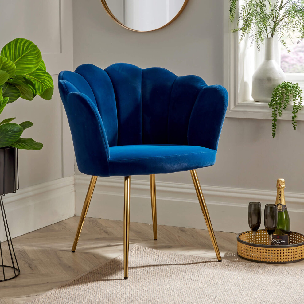 New Home Source Blue Boucle Fabric Scallop Shell Chair Wingback Armchair Gold Legs Blue,Gold