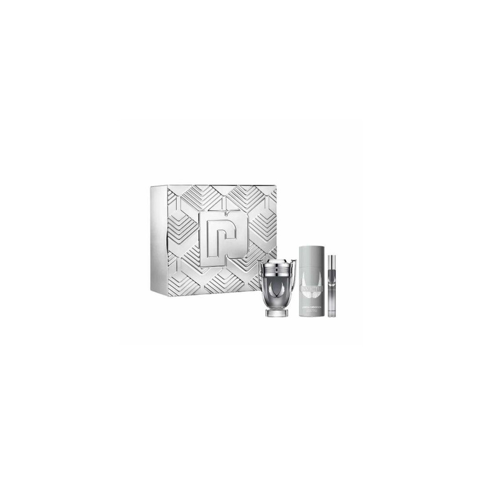 Paco Invictus Platinum 3 Pcs Set For Men: 3.4 Eau De Parfum + 5.1 Deodorant Spray + 0.34 Eau De Parfum