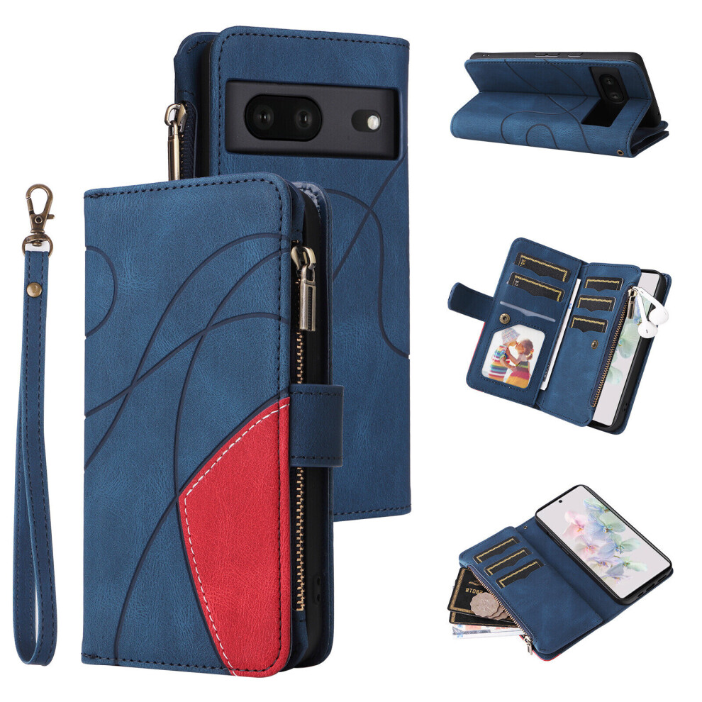 Gangxun (Blue) Case For Google Pixel 7 5G Wallet Cover Zipper Poket Nine Card Slot Pu Leather Magnetic Clasp Kickstand Compatible With Google Pixel 7 5G Case Blue