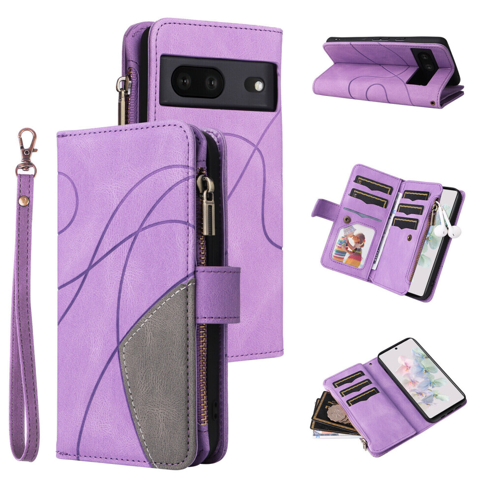 (Purple) Case For Google Pixel 7 5G Wallet Cover Zipper Poket Nine Card Slot Pu Leather Magnetic Clasp Kickstand Compatible With Google Pixel 7 5G Cas Purple 463533984313