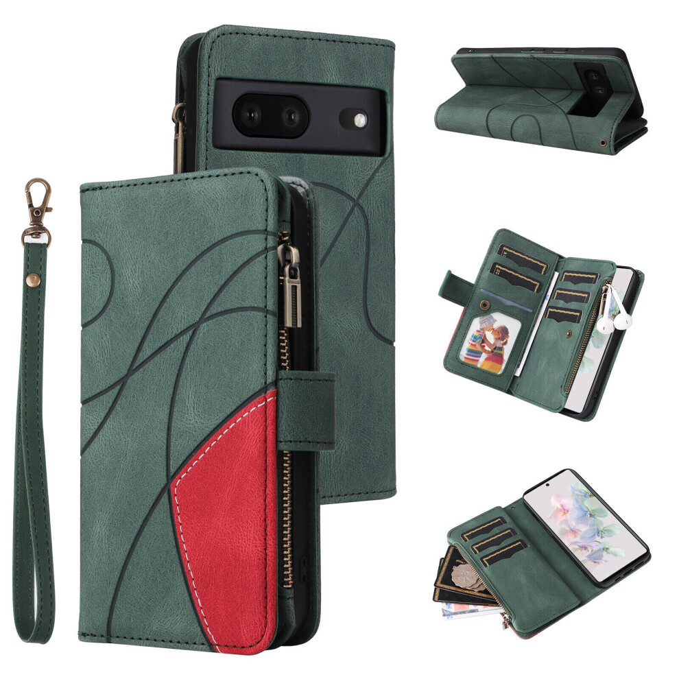 Gangxun (Green) Case For Google Pixel 7 5G Wallet Cover Zipper Poket Nine Card Slot Pu Leather Magnetic Clasp Kickstand Compatible With Google Pixel 7 5G Case Green