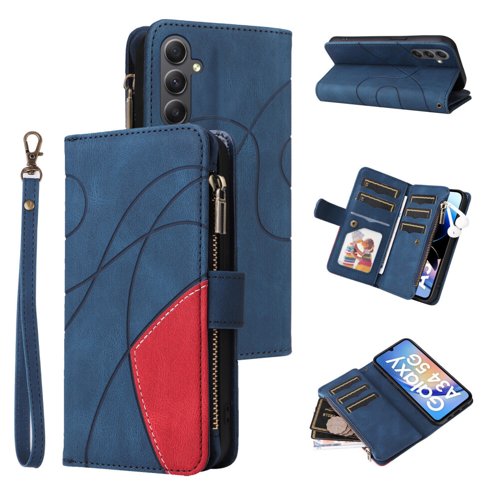 (Blue) Case for Samsung Galaxy A34 5G Wallet Cover Zipper Poket Nine Card Slot PU Leather Magnetic Clasp Kickstand Compatible with Samsung Galaxy A34