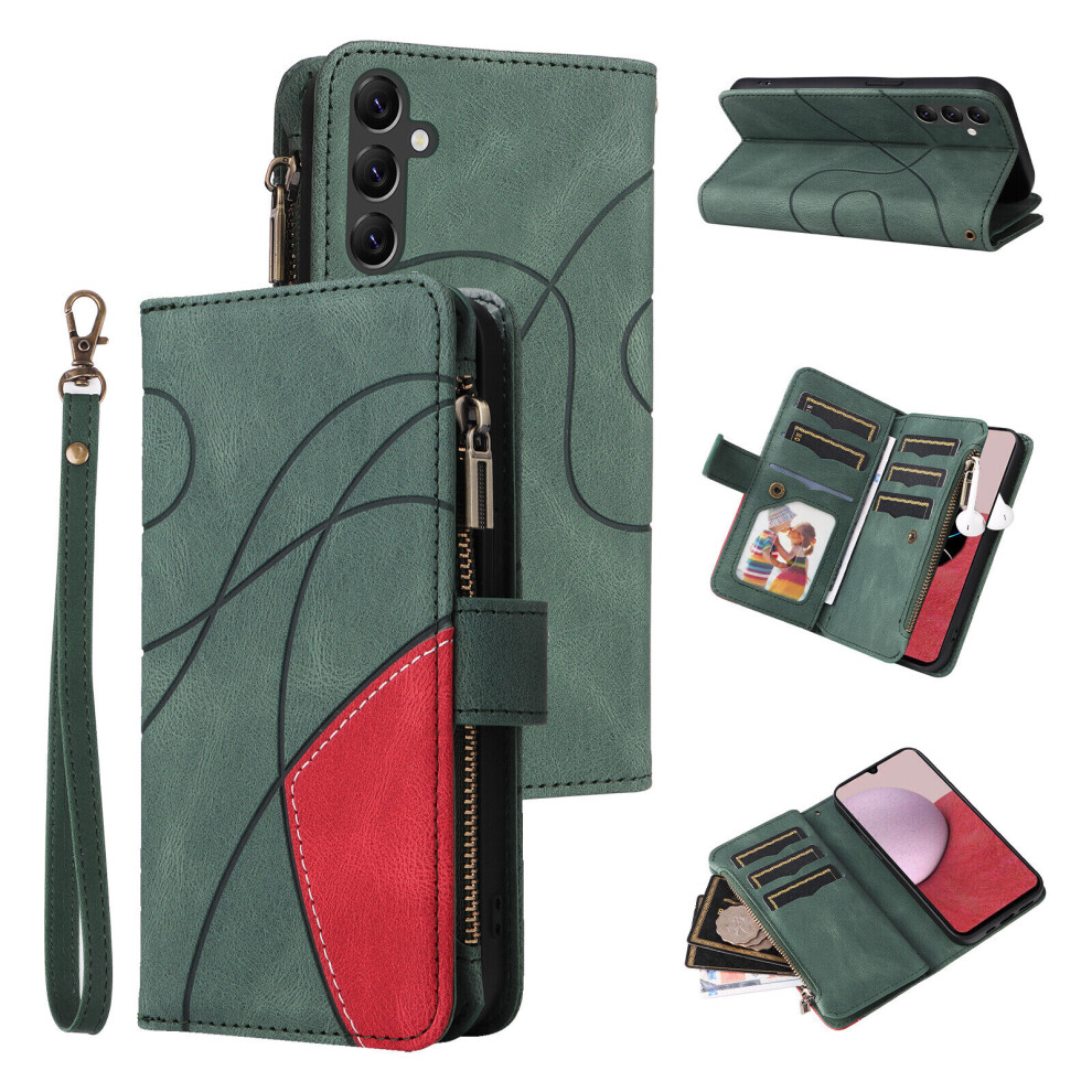(Green) Case for Samsung Galaxy A14 5G Wallet Cover Zipper Poket Nine Card Slot PU Leather Magnetic Clasp Kickstand Compatible with Samsung Galaxy A14 5G Case