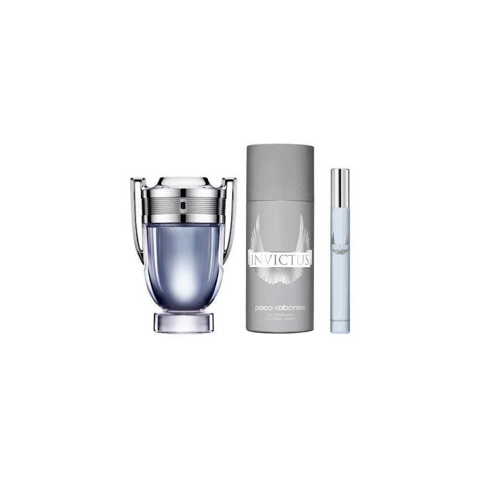 Paco Invictus 3 Pcs Set For Men: 3.4 Eau De Toilette Spray + 5 Oz Deodorant Spray + 0.33 Eau De Toilette Spray (Metal Box)