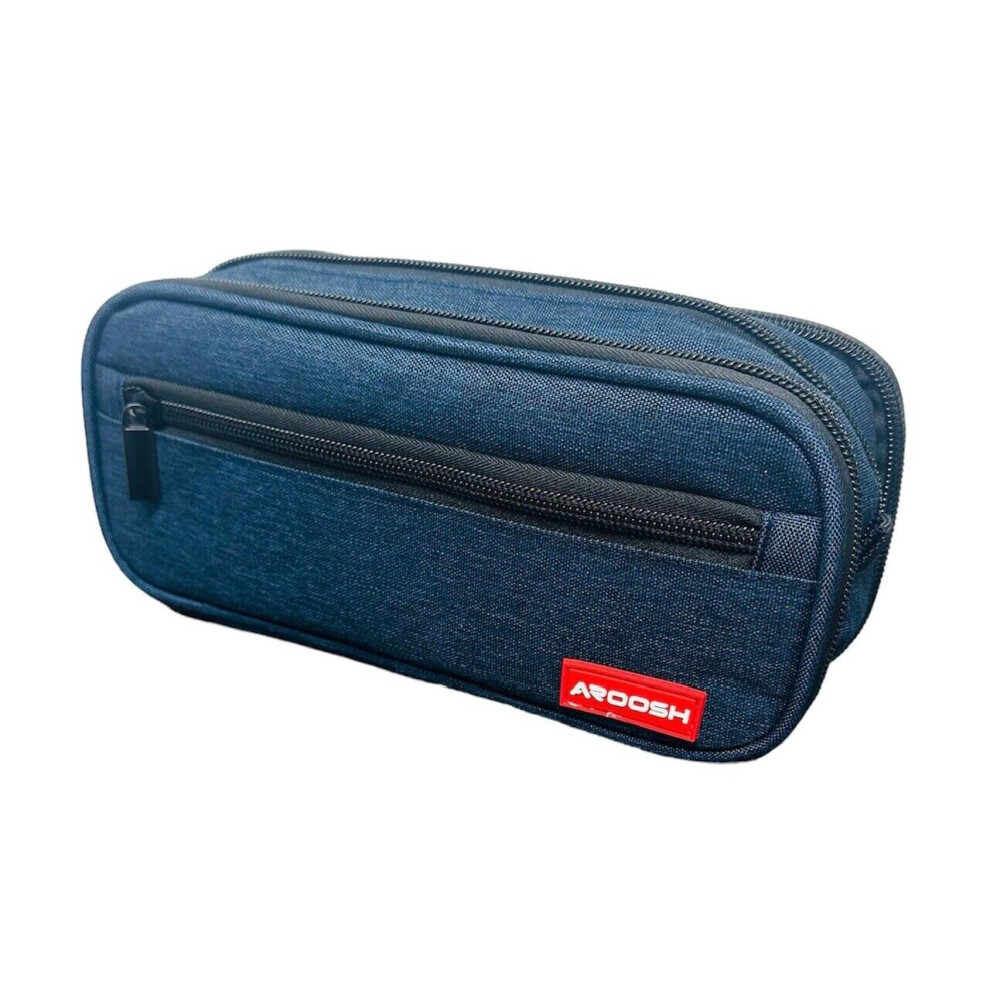 Large Triple Pocket 3 Compartment Pencil Case Makeup Stationary Blue