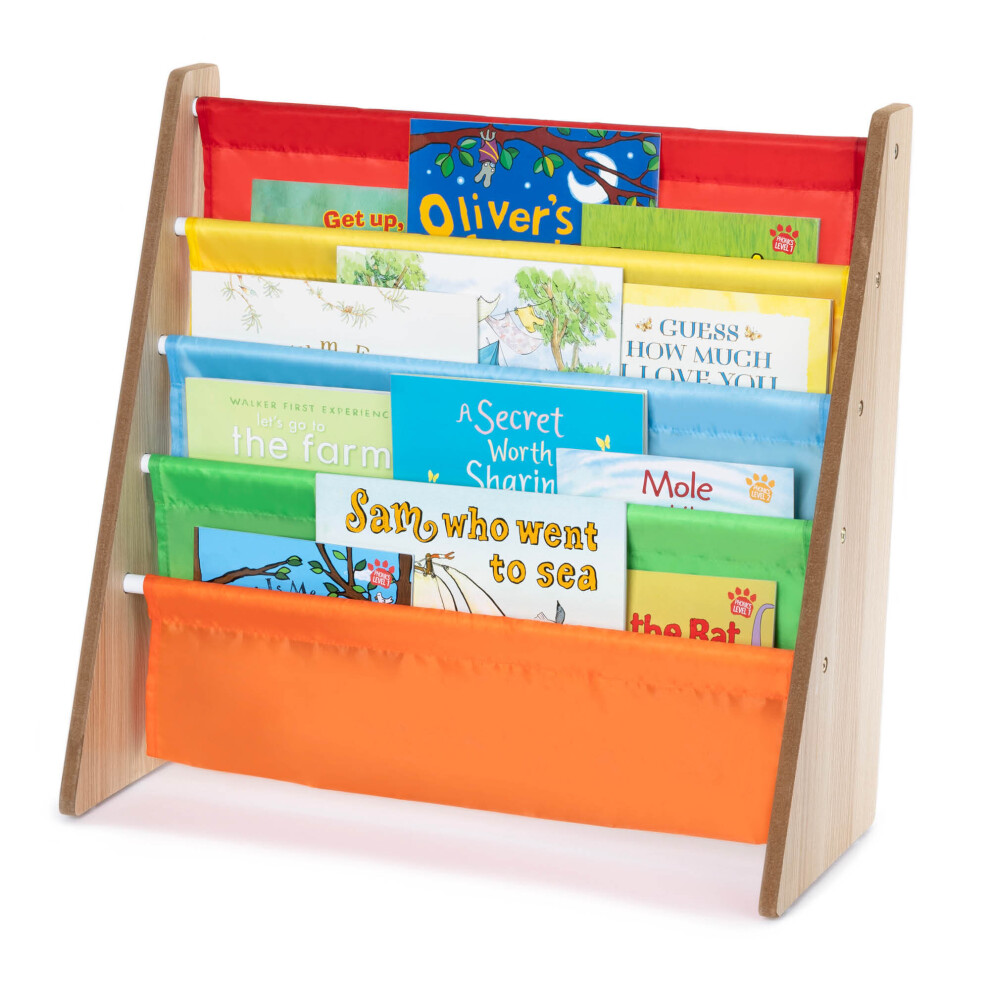 5-Tier Children Sling Bookcase with Fabric Shelves - Wooden Storage Rack