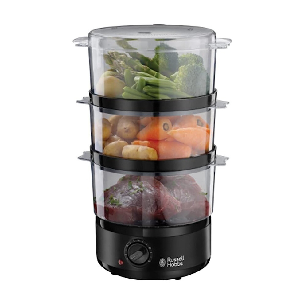 Russell Hobbs 26530 Matt Black Electric Food Steamer - 3-Tier, 7 Litre Capacity with BPA Free Baskets and Rice Bowl (Included) for Vegetables