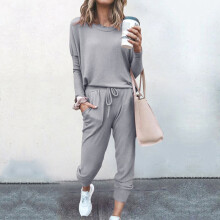 (Gray, M) 2pcs Tracksuit Women Set Ladies Solid Color Top Hoodies Loungewear Pants