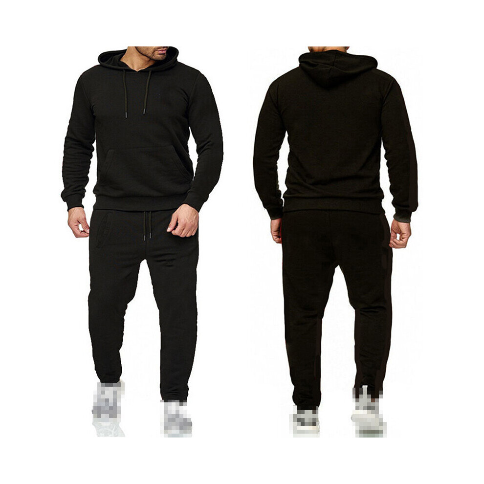 (Black, XL) New Pullover Mens Tracksuit Hoodie Jogging Bottoms Set Stretch Sweater Jogger