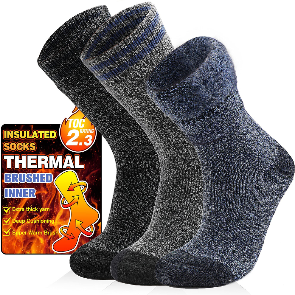 Welwoos Heated Thermal Socks for Men & Women Warm Winter Ski Thick Boot Insulated gift Stocking Stuffers Socks 3 Pairs (Stripe B,M)
